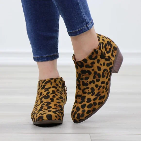 Faux Sude Leopard Low Heel Ankle Boots - Picture 9 of 13